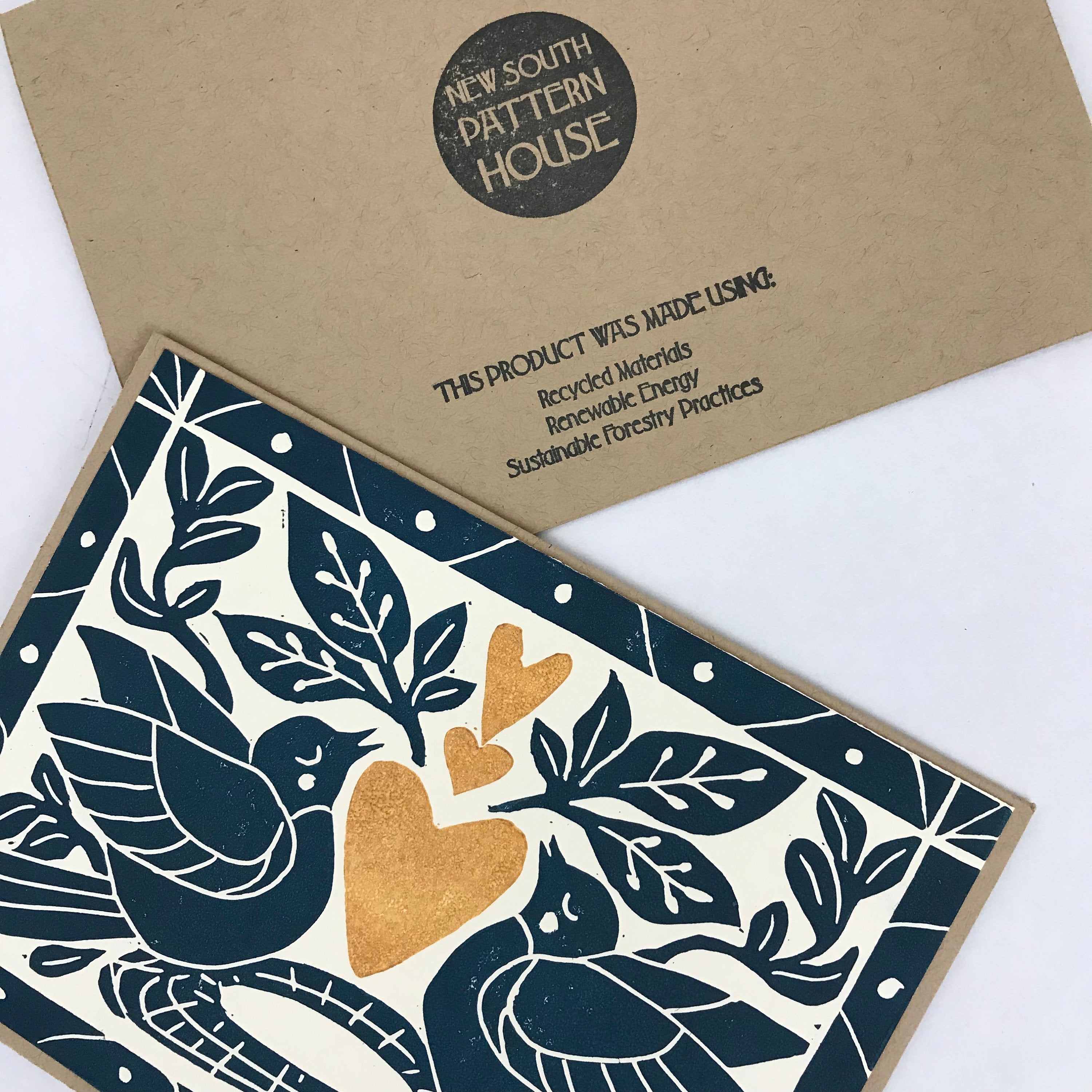 Heart of Gold folk art greeting card in Deepwater Blue.  Hand Printed Linocut 5X7