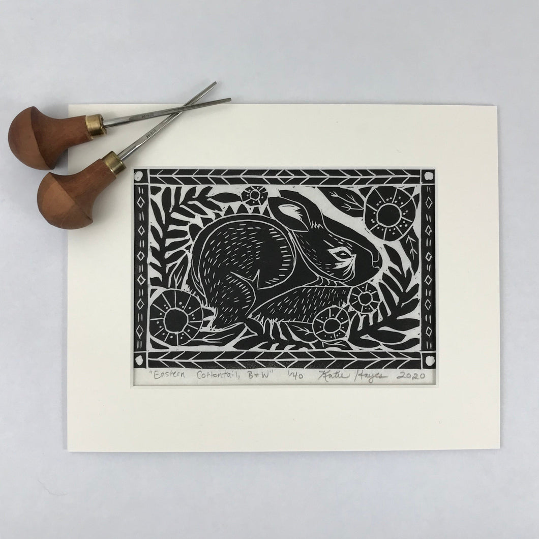 Eastern Cottontail, black and white,  Mini Block Print, Limited Edition, Woodland wall art
