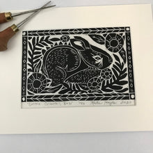 Load image into Gallery viewer, Eastern Cottontail, black and white,  Mini Block Print, Limited Edition, Woodland wall art
