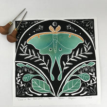 Load image into Gallery viewer, Luna moth in the Bluebells, limited edition Block print, Hand pulled with 16x16 inch mat
