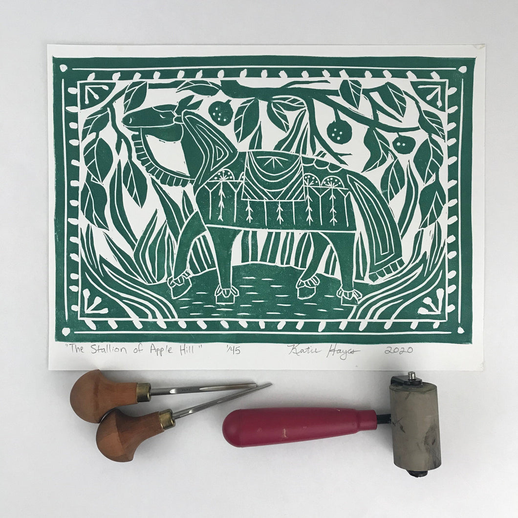 Horse and Apple Tree  in sylvan green Block Print, Limited Edition, Equestrian, wall art 12x16 mat