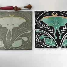 Load image into Gallery viewer, Luna moth in the Bluebells, limited edition Block print, Hand pulled with 16x16 inch mat
