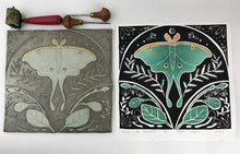 Load image into Gallery viewer, Luna moth in the Bluebells, limited edition Block print, Hand pulled with 16x16 inch mat
