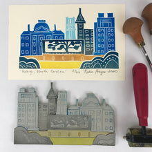 Load image into Gallery viewer, Raleigh, North Carolina Skyline- Mini Linocut Print, Limited Edition, wall art
