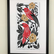 Load image into Gallery viewer, Scarlet Tanger, large folk art block print Hand pulled on 12x18 paper, Limited Edition
