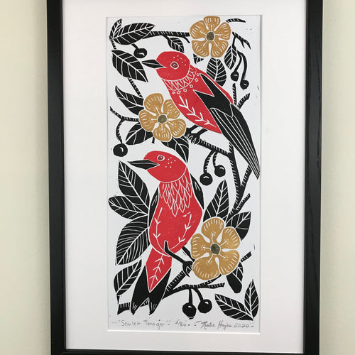 Scarlet Tanger, large folk art block print Hand pulled on 12x18 paper, Limited Edition