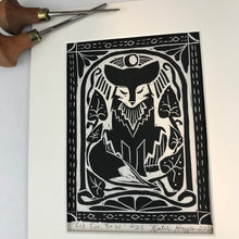 Load image into Gallery viewer, Red Fox, Black and White Art Nouveau Mini Block Print, Limited Edition, Woodland wall art
