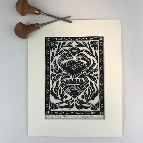 Blue Crab, Black and White Mini Linocut Print, Limited Edition, Nautical Beach house wall art