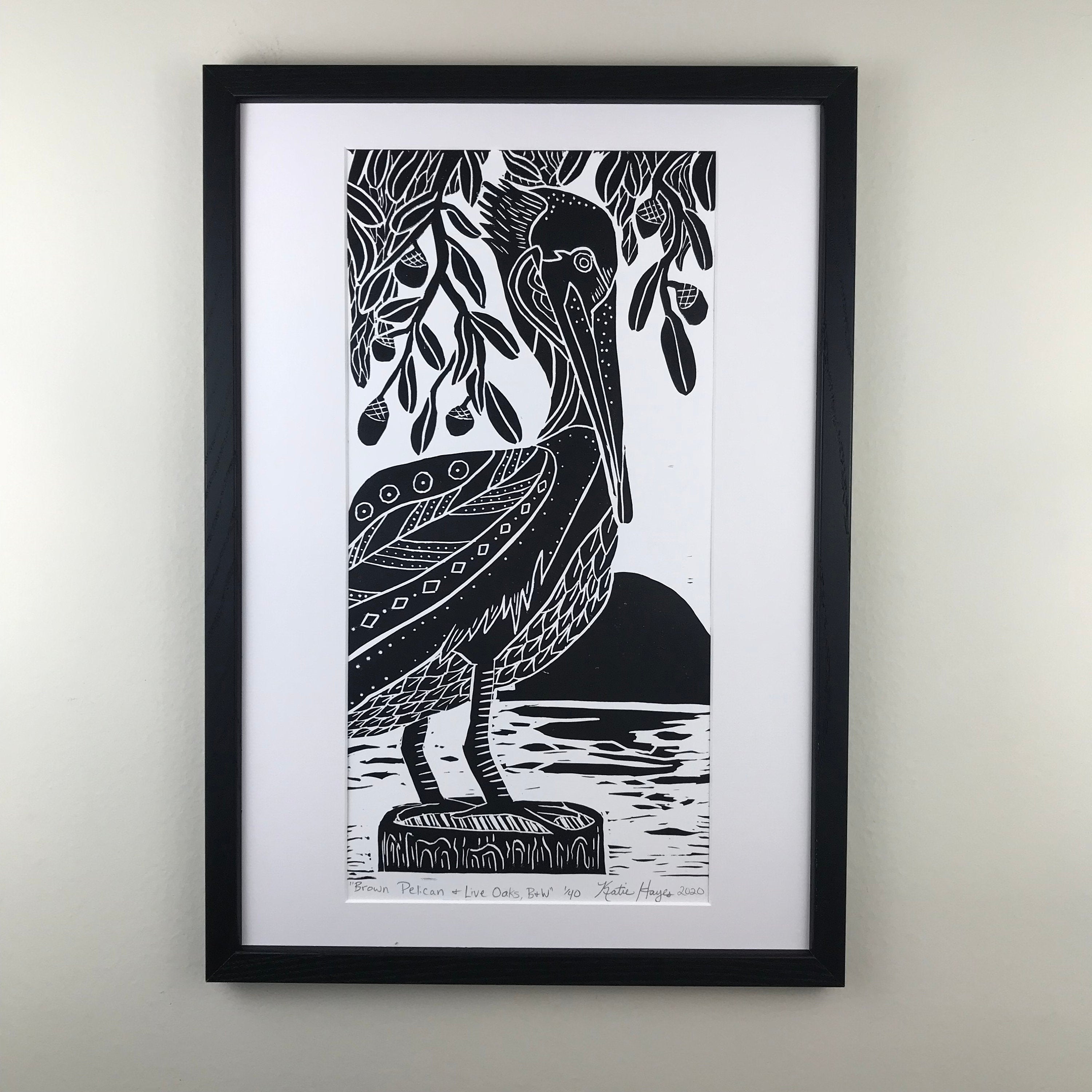 Brown Pelican and Live Oaks, limited edition black and white block print. Hand pulled on 12x18 paper