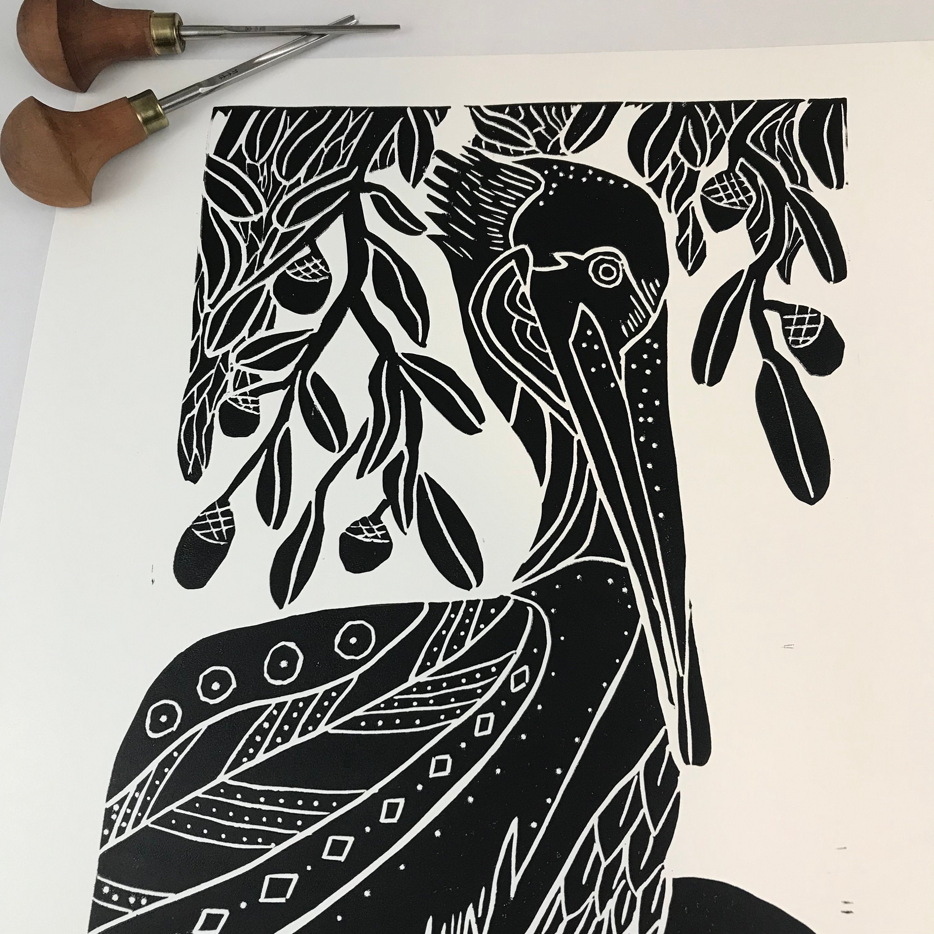 Brown Pelican and Live Oaks, limited edition black and white block print. Hand pulled on 12x18 paper