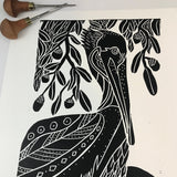 Brown Pelican and Live Oaks, limited edition black and white block print. Hand pulled on 12x18 paper