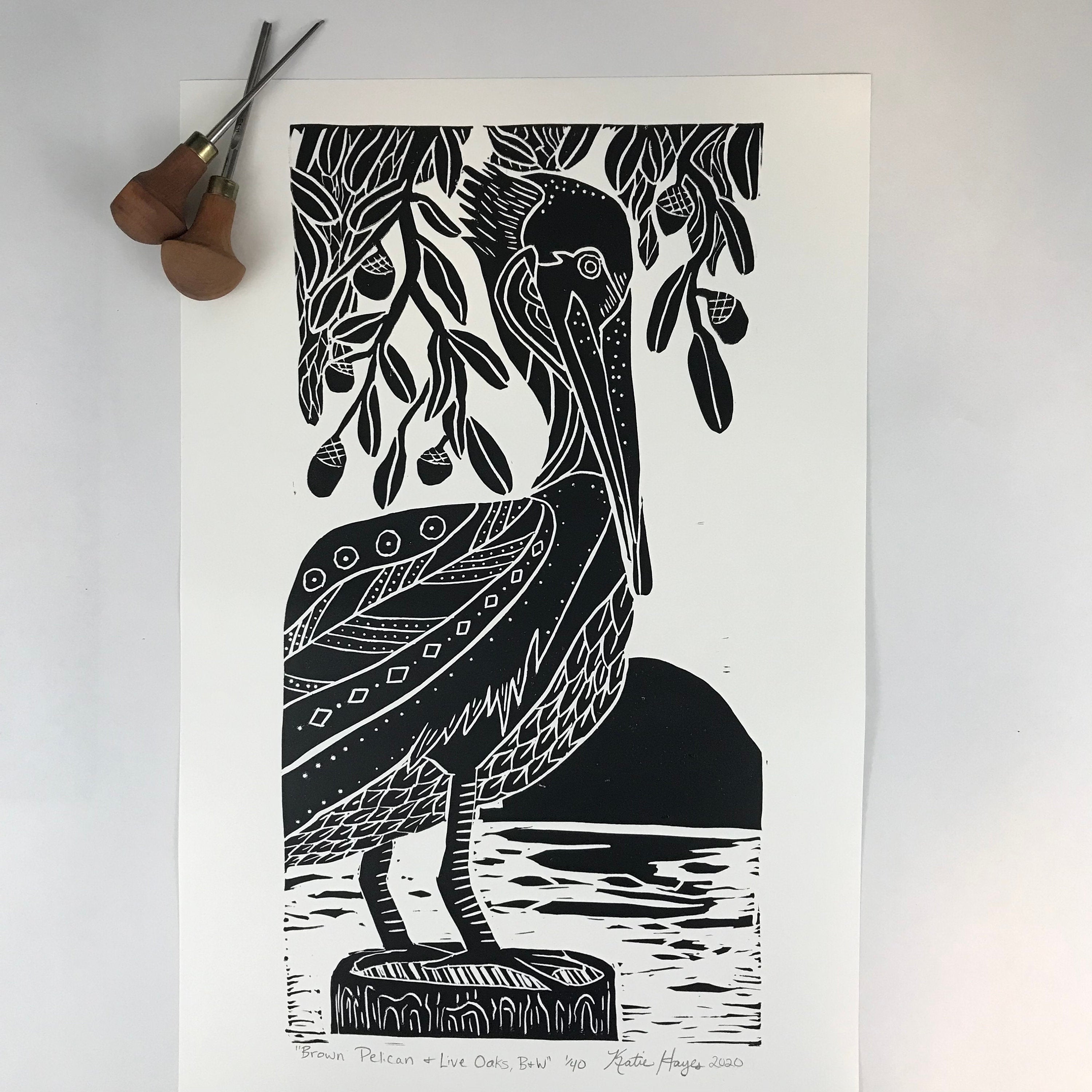Brown Pelican and Live Oaks, limited edition black and white block print. Hand pulled on 12x18 paper