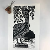 Brown Pelican and Live Oaks, limited edition black and white block print. Hand pulled on 12x18 paper