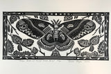 Robin Moth (cecropia) and birch leaves, limited edition black and white block print. Hand pulled on 12x18 paper