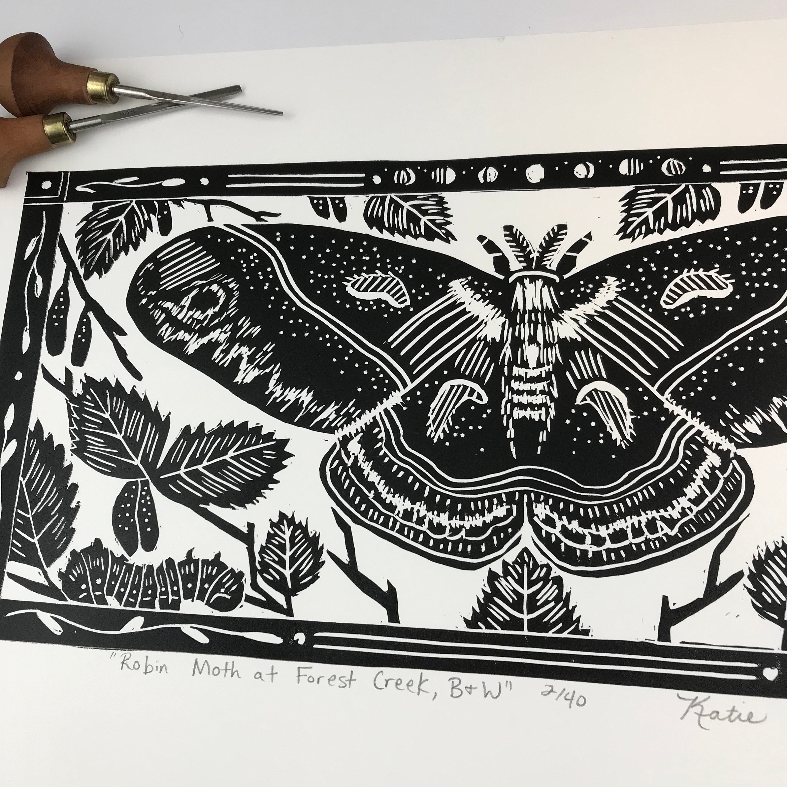 Robin Moth (cecropia) and birch leaves, limited edition black and white block print. Hand pulled on 12x18 paper