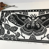 Robin Moth (cecropia) and birch leaves, limited edition black and white block print. Hand pulled on 12x18 paper