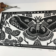Load image into Gallery viewer, Robin Moth (cecropia) and birch leaves, limited edition black and white block print. Hand pulled on 12x18 paper
