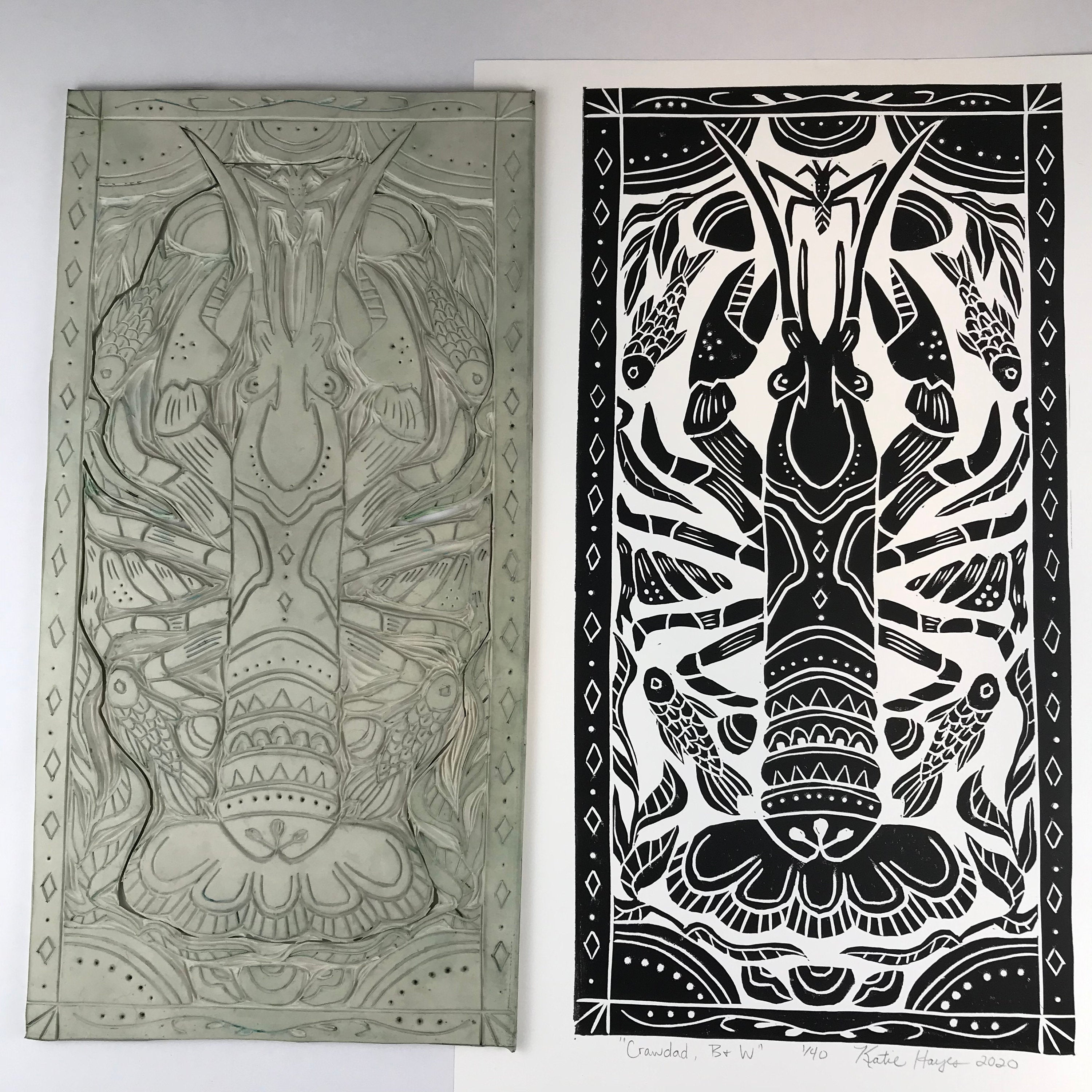 Crayfish, Hand pulled block print  Limited Edition Black and White. Naturalist Woodland Wall Art