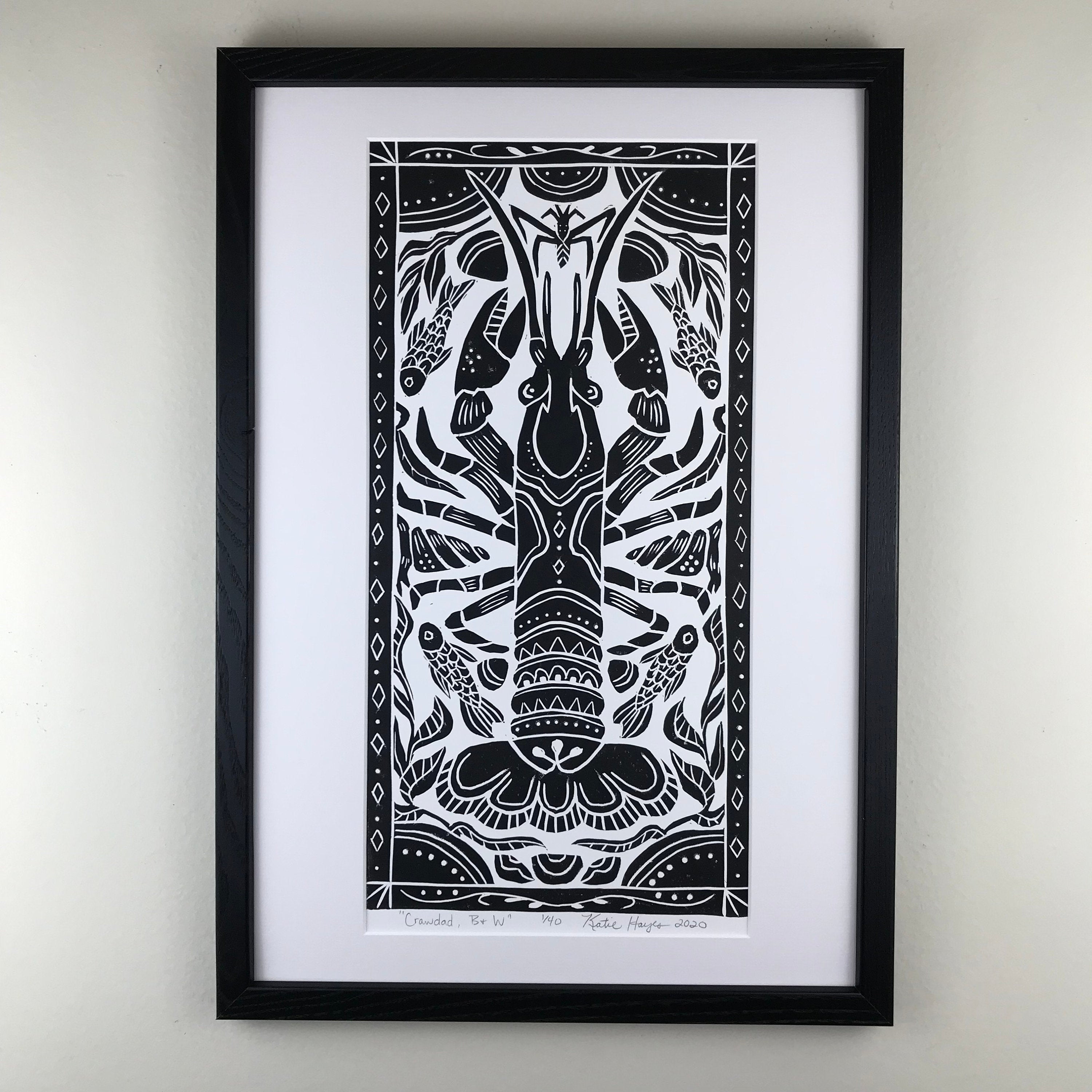 Crayfish, Hand pulled block print  Limited Edition Black and White. Naturalist Woodland Wall Art