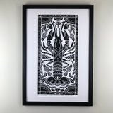 Crayfish, Hand pulled block print  Limited Edition Black and White. Naturalist Woodland Wall Art
