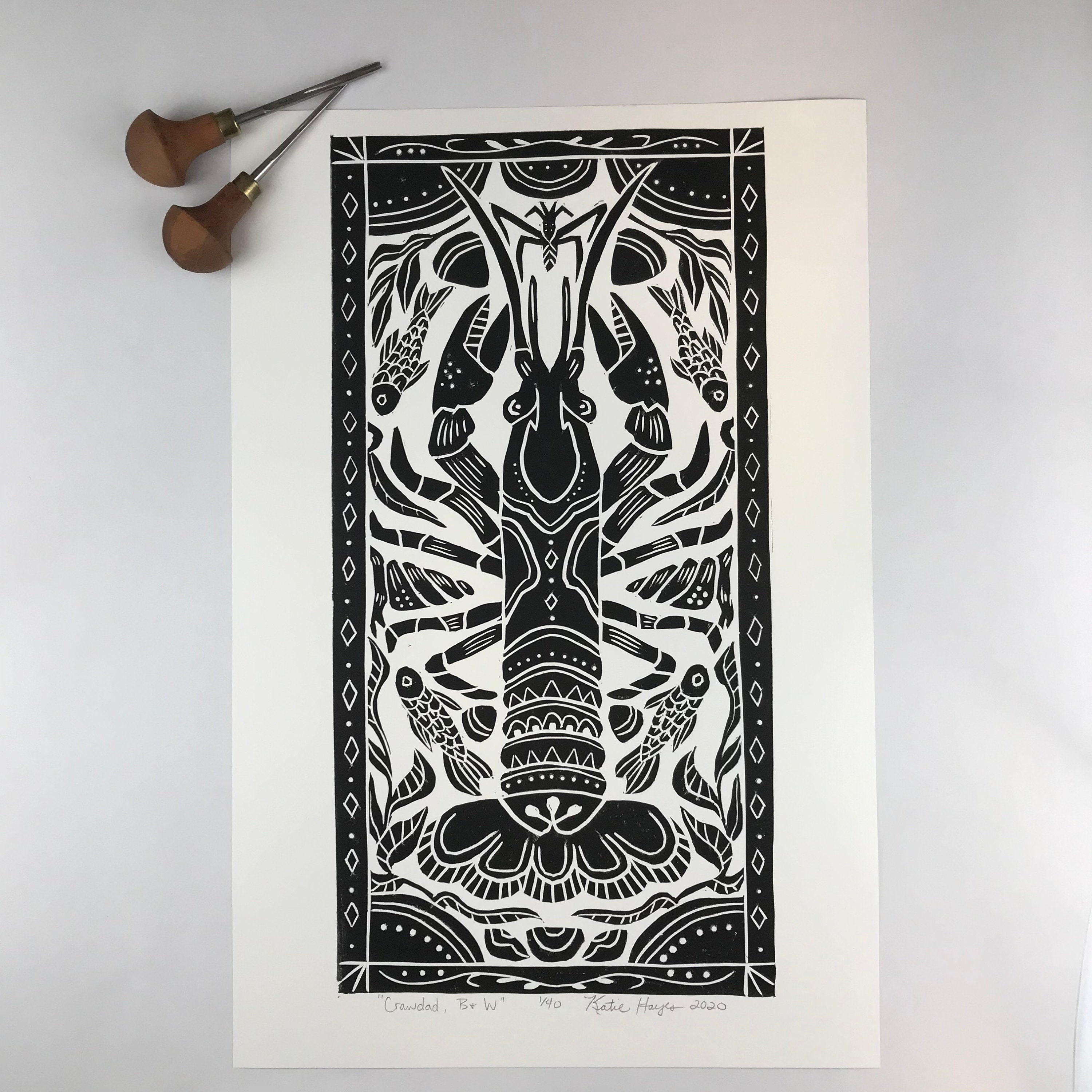 Crayfish, Hand pulled block print  Limited Edition Black and White. Naturalist Woodland Wall Art