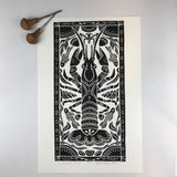 Crayfish, Hand pulled block print  Limited Edition Black and White. Naturalist Woodland Wall Art