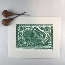 Load image into Gallery viewer, Eastern Cottontail, sylvan green, Mini Block Print, Limited Edition, Woodland wall art w/ 8x10 mat
