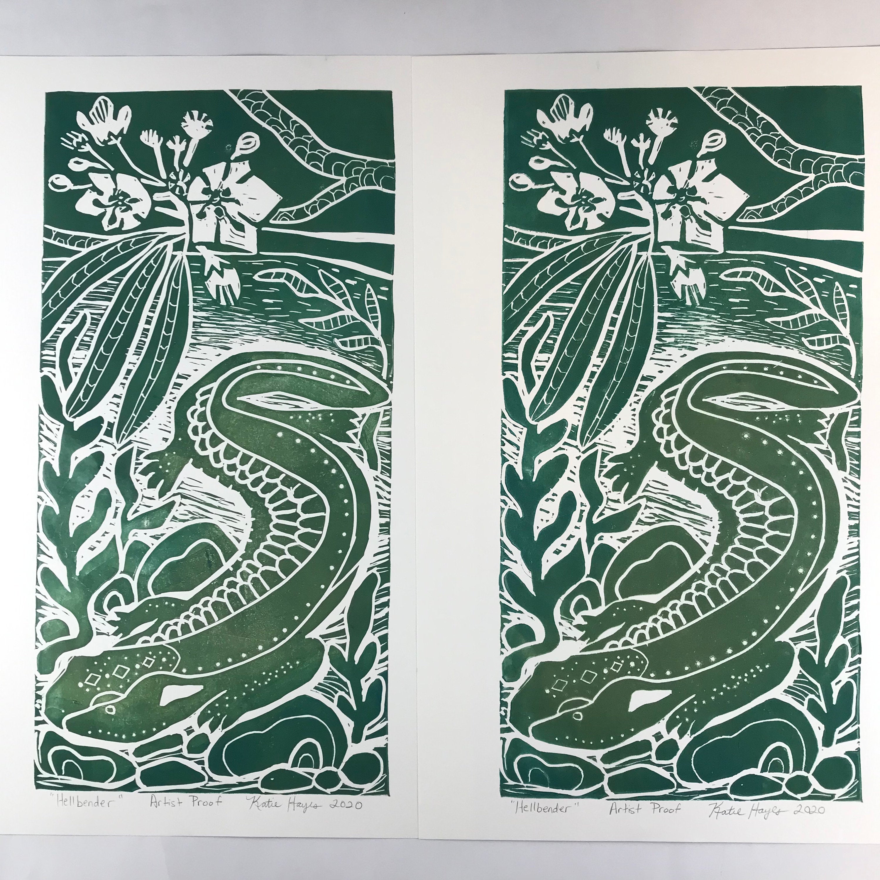 Hellbender Salamander, Artist Proof.  Full color Hand pulled block print, on 12x18 sustainable paper