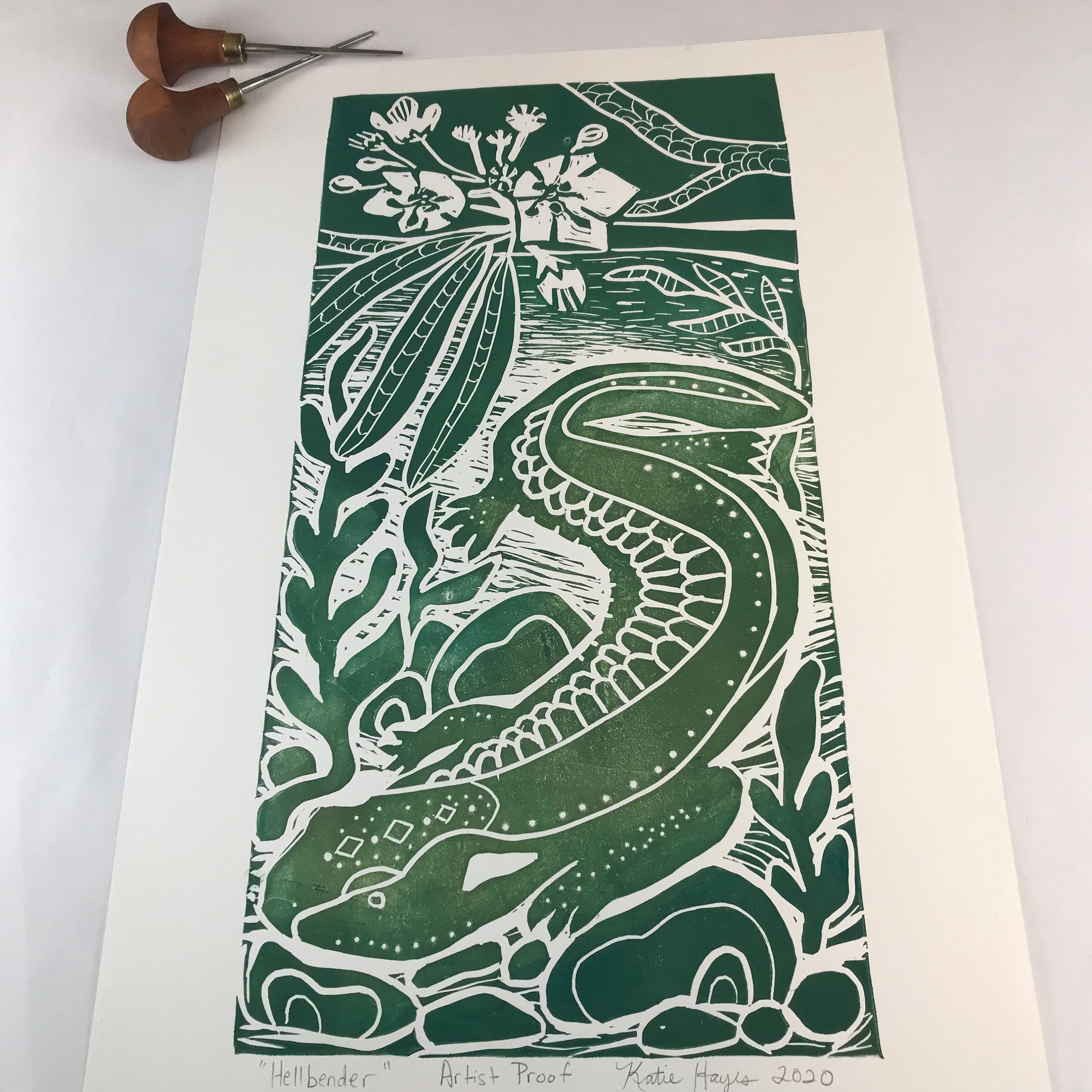 Hellbender Salamander, Artist Proof.  Full color Hand pulled block print, on 12x18 sustainable paper
