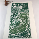 Hellbender Salamander, Artist Proof.  Full color Hand pulled block print, on 12x18 sustainable paper