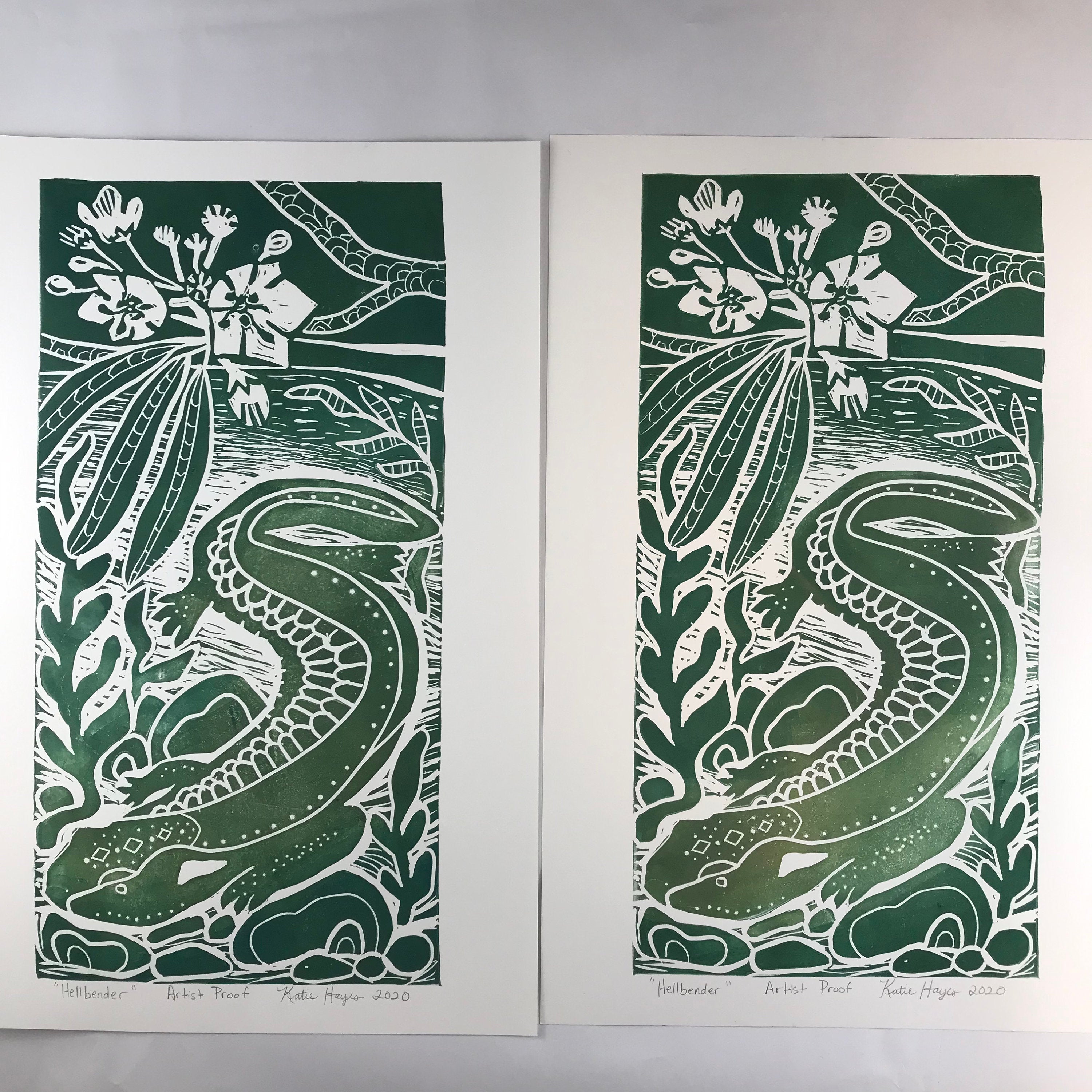 Hellbender Salamander, Artist Proof.  Full color Hand pulled block print, on 12x18 sustainable paper