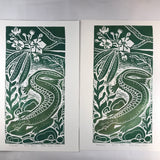 Hellbender Salamander, Artist Proof.  Full color Hand pulled block print, on 12x18 sustainable paper
