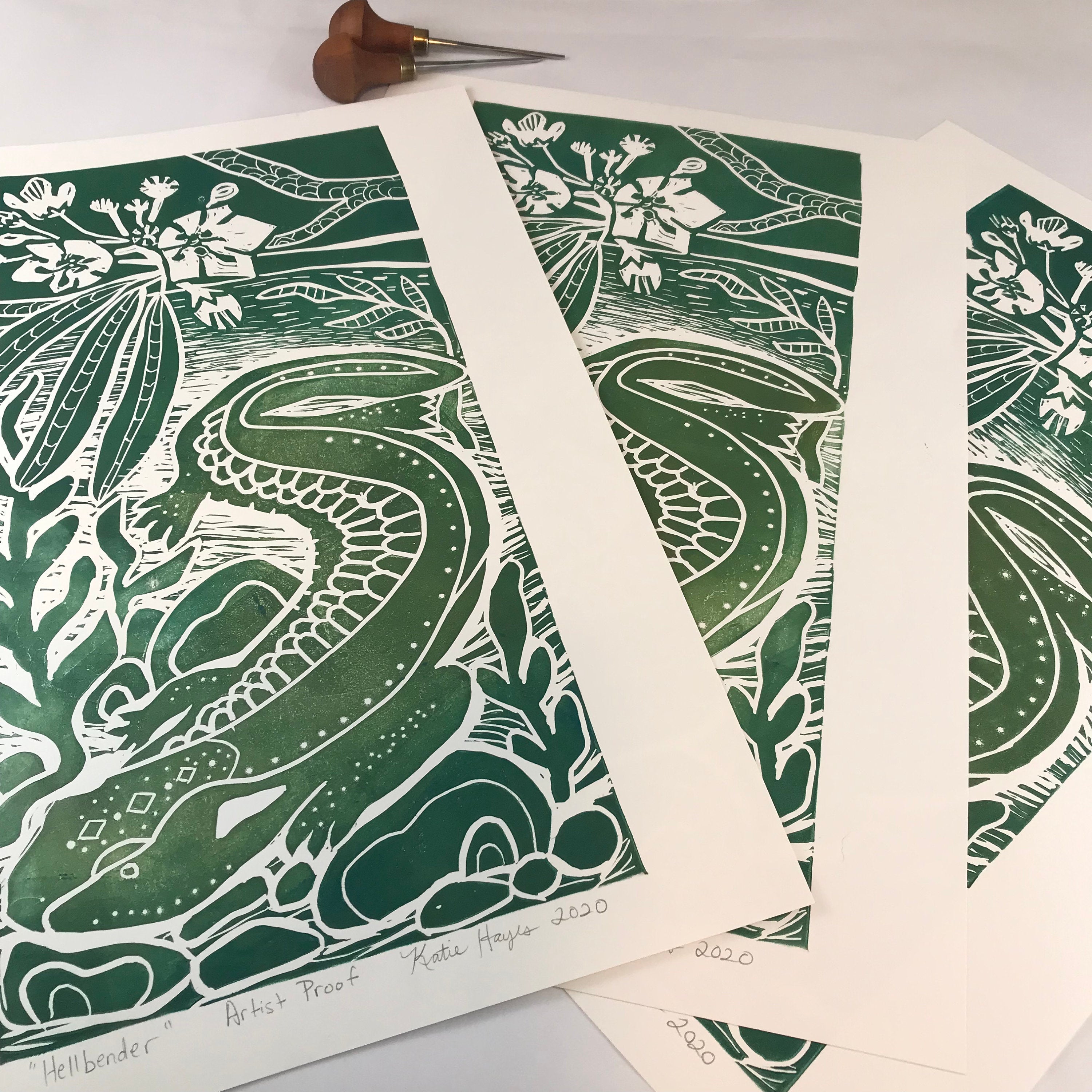 Hellbender Salamander, Artist Proof.  Full color Hand pulled block print, on 12x18 sustainable paper