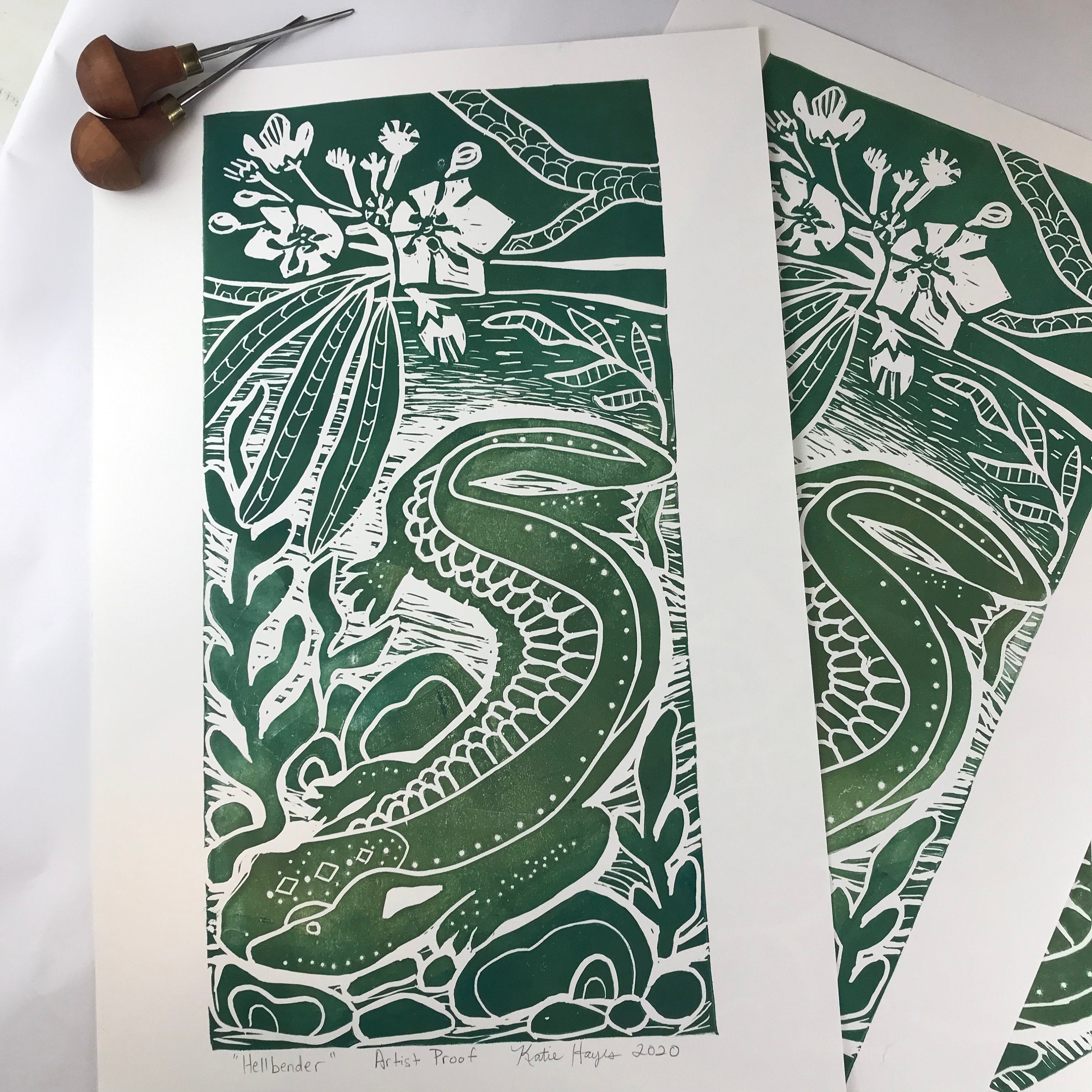 Hellbender Salamander, Artist Proof.  Full color Hand pulled block print, on 12x18 sustainable paper