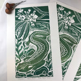 Hellbender Salamander, Artist Proof.  Full color Hand pulled block print, on 12x18 sustainable paper