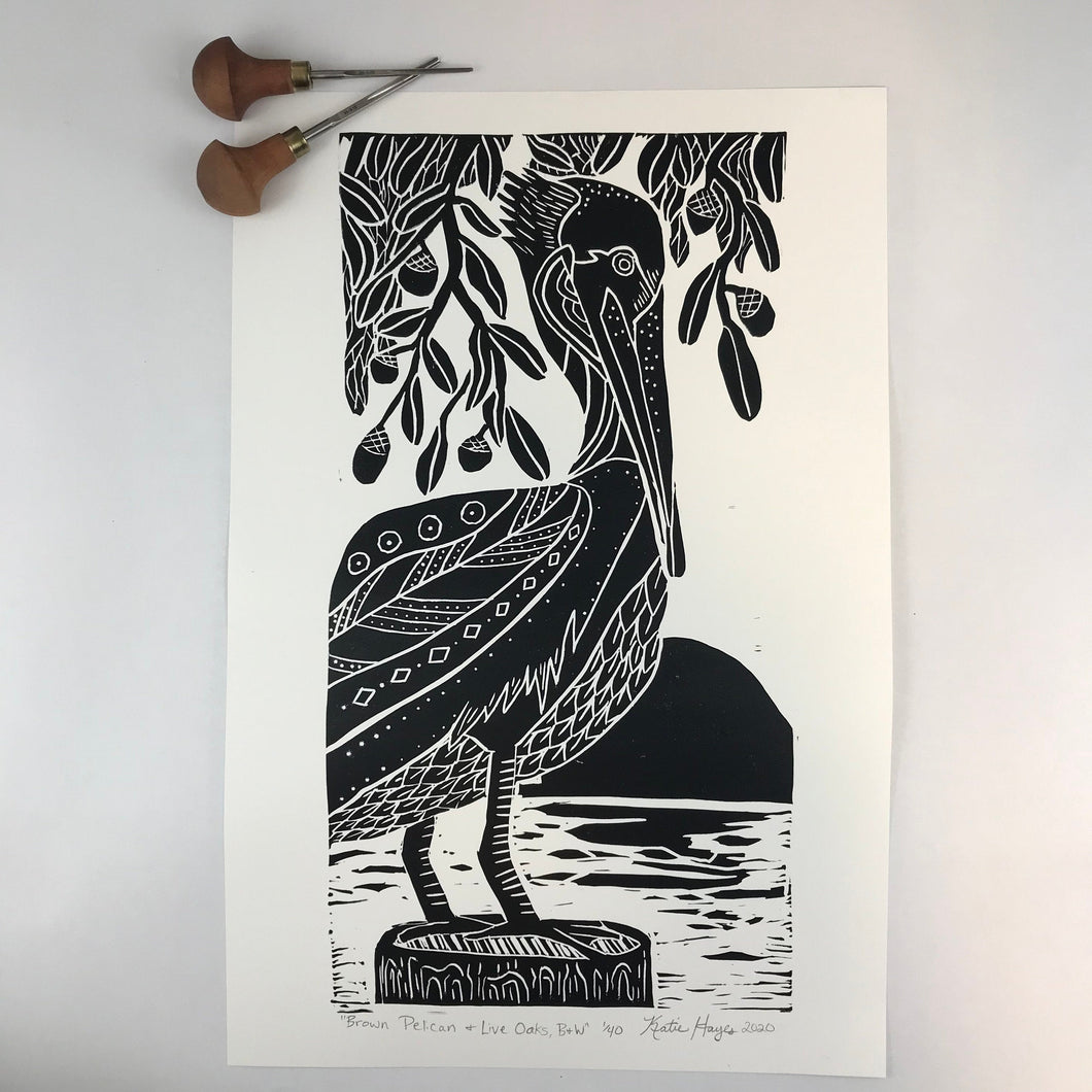 Brown Pelican and Live Oaks, limited edition black and white block print. Hand pulled on 12x18 paper