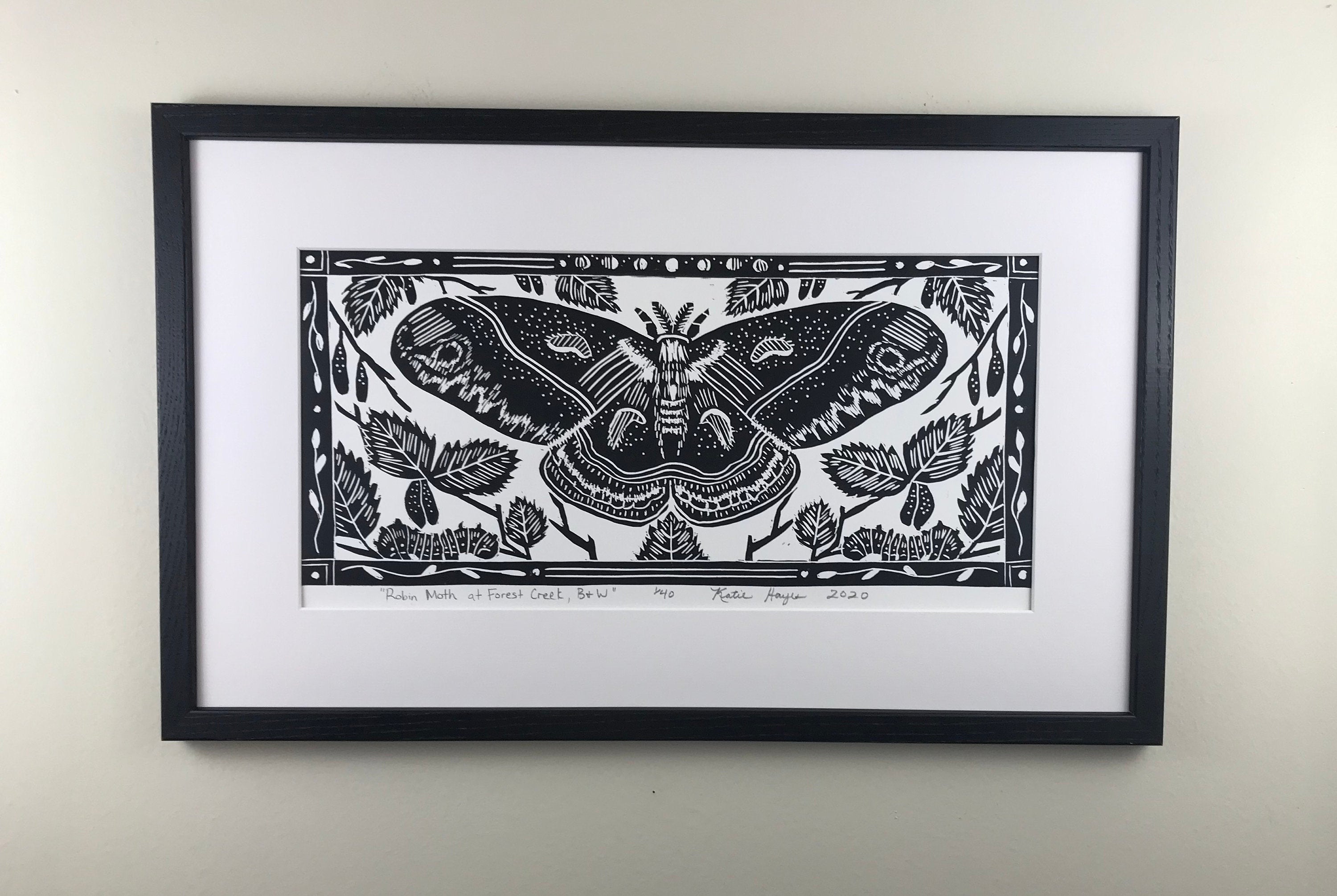 Robin Moth (cecropia) and birch leaves, limited edition black and white block print. Hand pulled on 12x18 paper