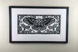 Robin Moth (cecropia) and birch leaves, limited edition black and white block print. Hand pulled on 12x18 paper