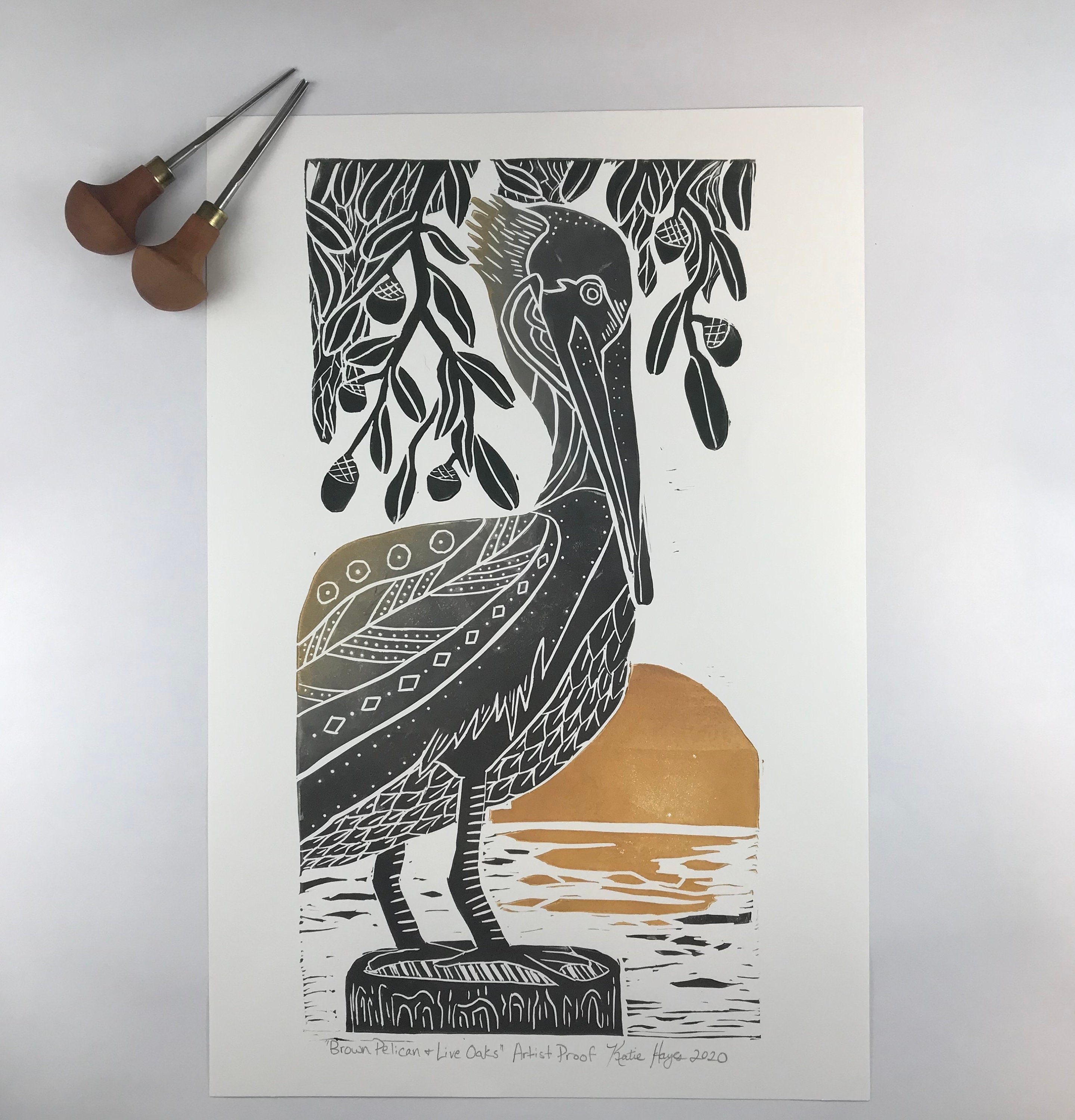 Brown Pelican and Live Oaks, Artist Proof, Full color block print. Hand pulled on 12x18 paper