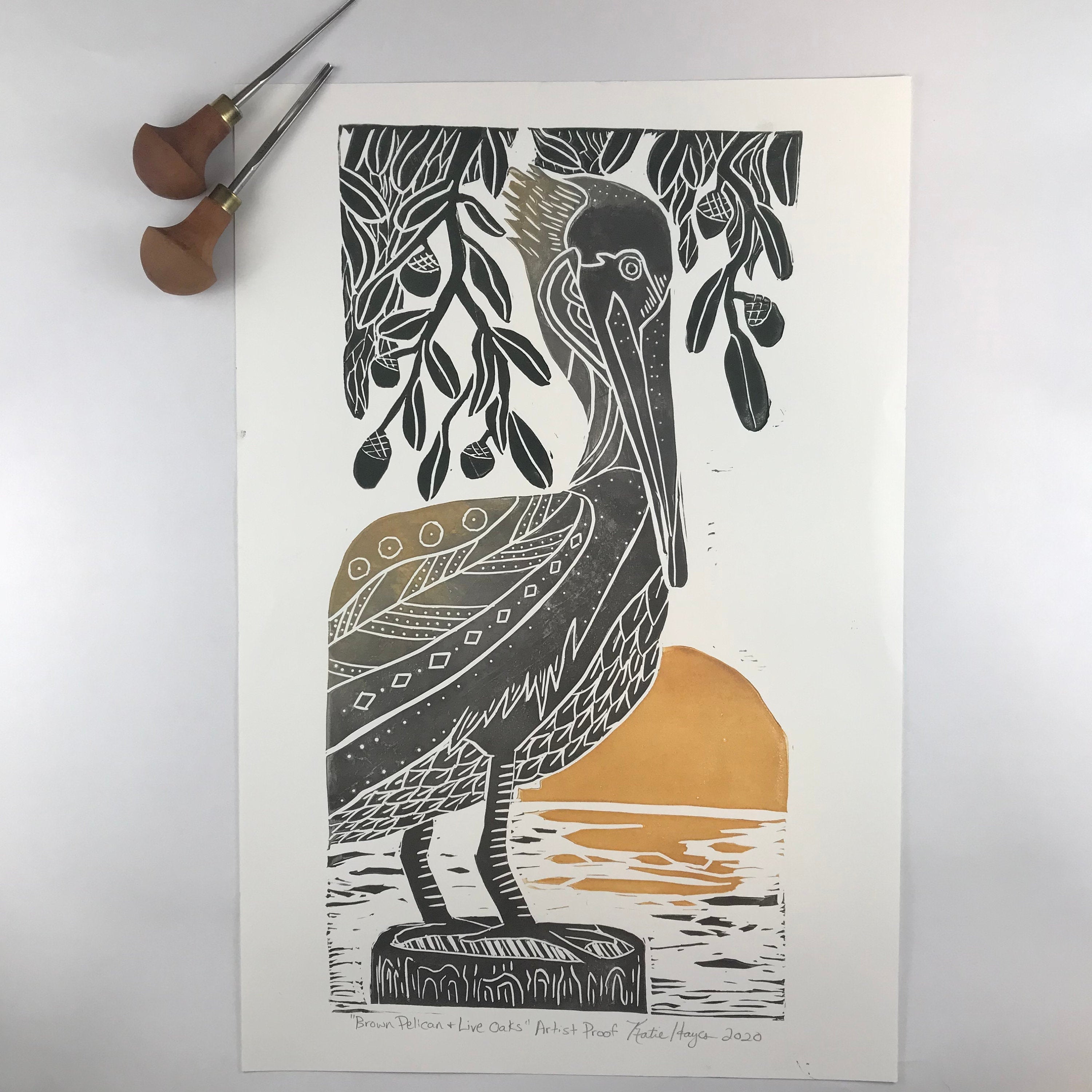 Brown Pelican and Live Oaks, Artist Proof, Full color block print. Hand pulled on 12x18 paper