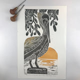 Brown Pelican and Live Oaks, Artist Proof, Full color block print. Hand pulled on 12x18 paper