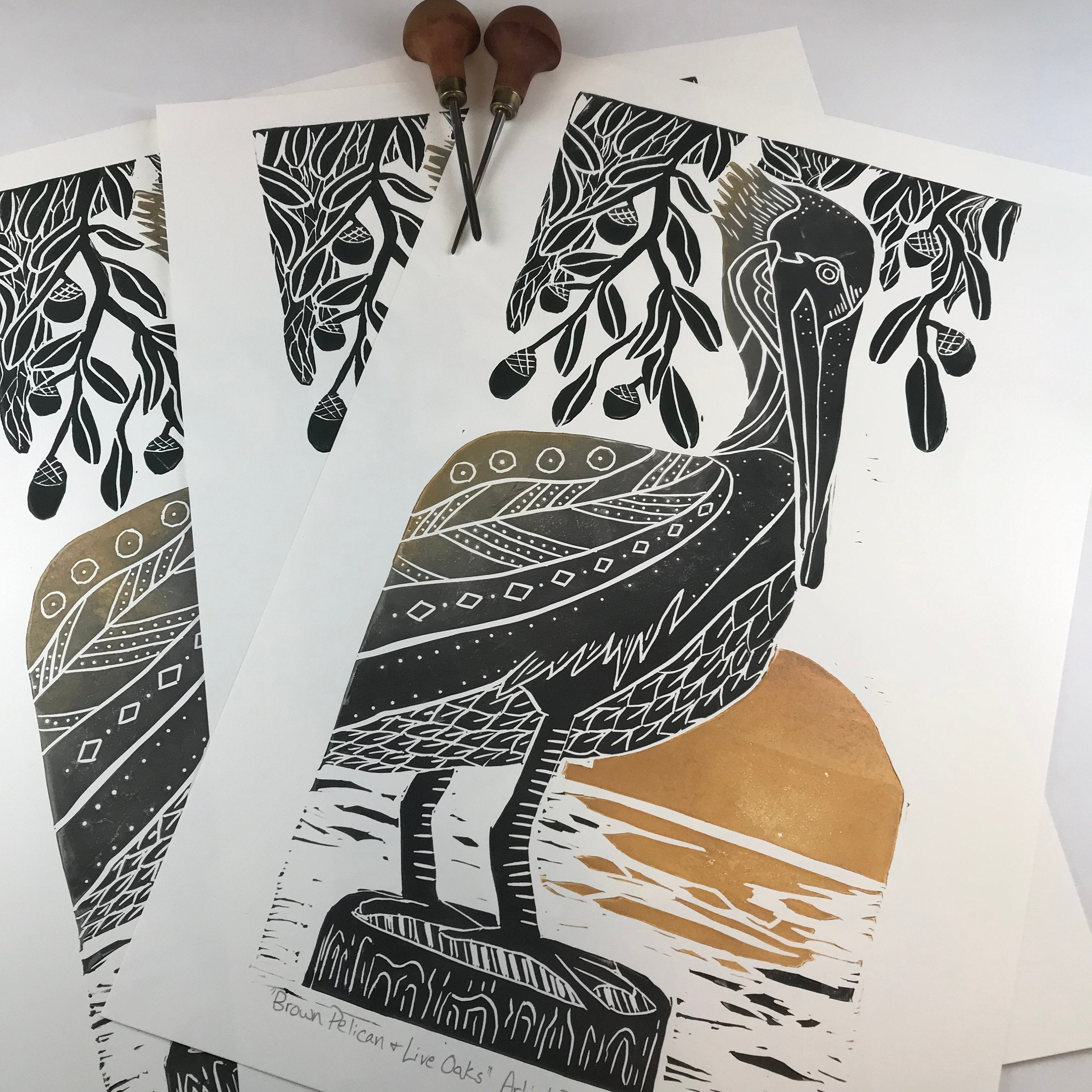 Brown Pelican and Live Oaks, Artist Proof, Full color block print. Hand pulled on 12x18 paper