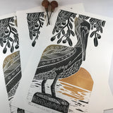 Brown Pelican and Live Oaks, Artist Proof, Full color block print. Hand pulled on 12x18 paper