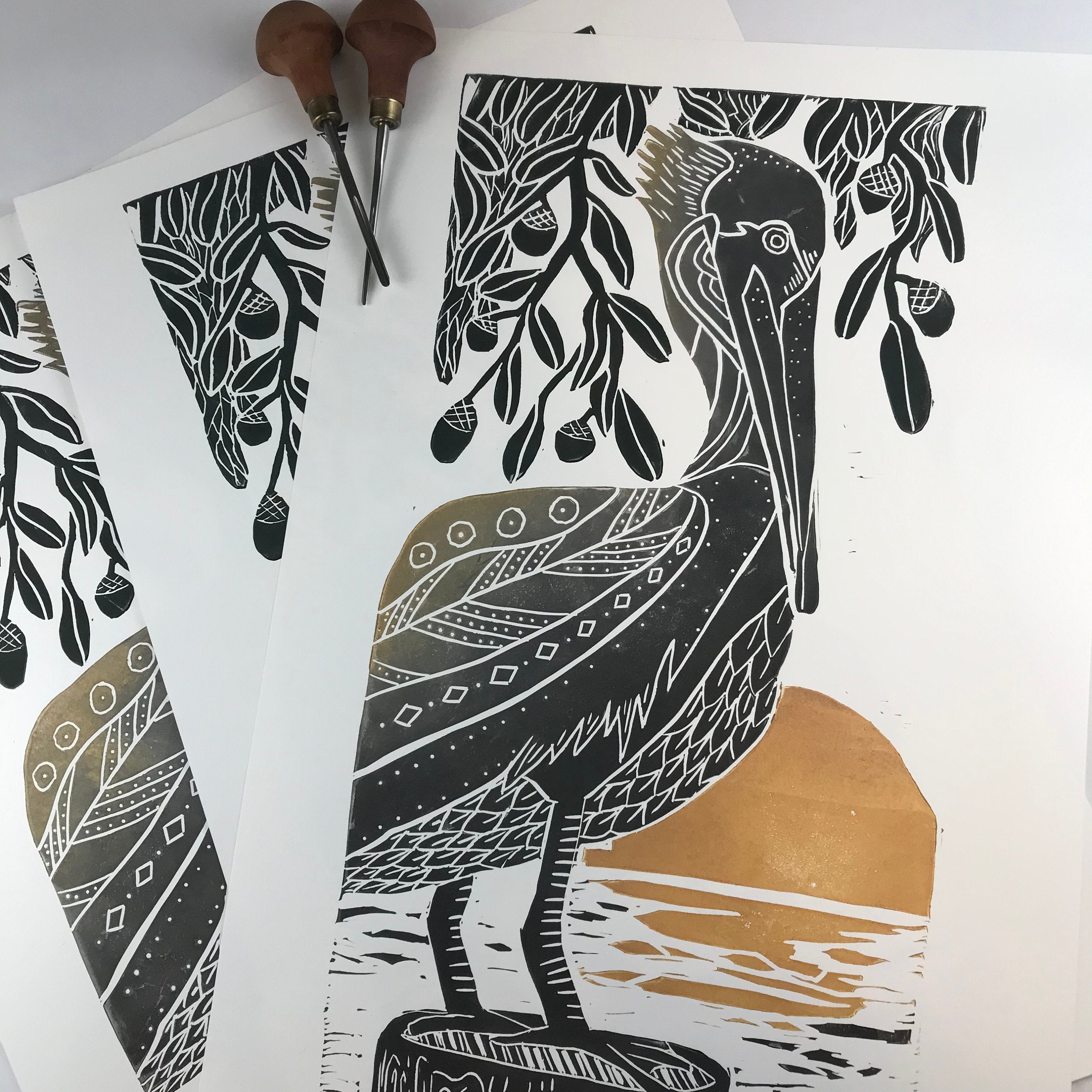 Brown Pelican and Live Oaks, Artist Proof, Full color block print. Hand pulled on 12x18 paper