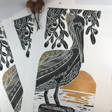 Brown Pelican and Live Oaks, Artist Proof, Full color block print. Hand pulled on 12x18 paper