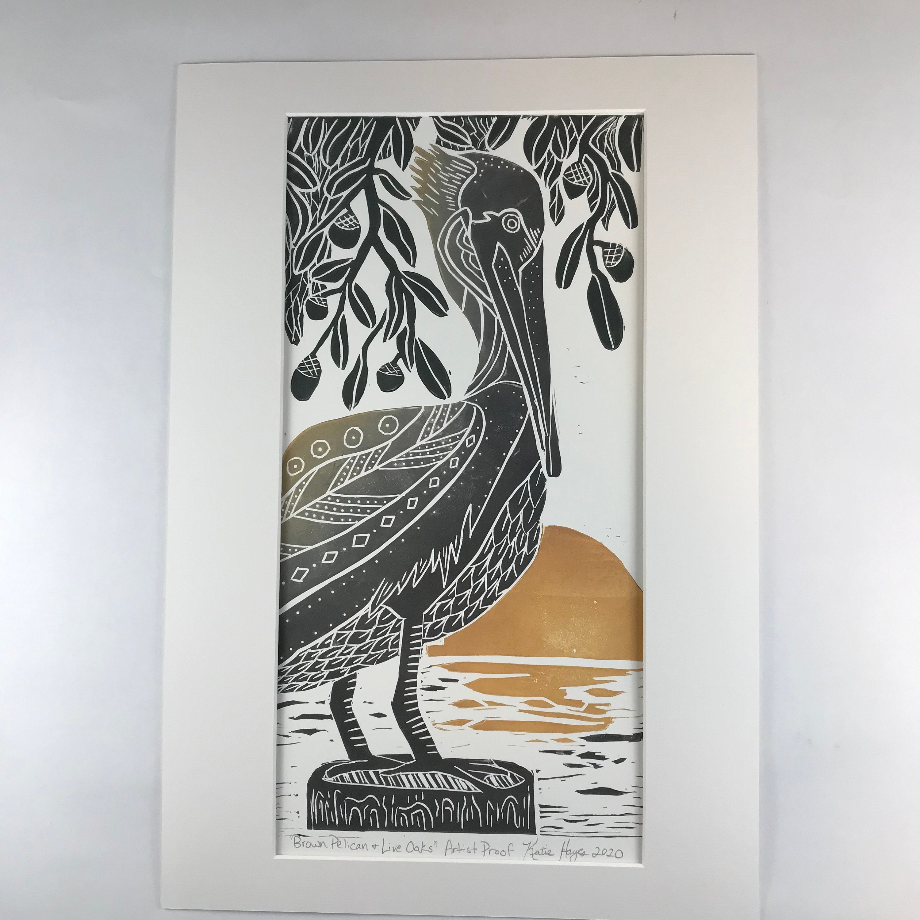 Brown Pelican and Live Oaks, Artist Proof, Full color block print. Hand pulled on 12x18 paper