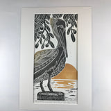 Brown Pelican and Live Oaks, Artist Proof, Full color block print. Hand pulled on 12x18 paper