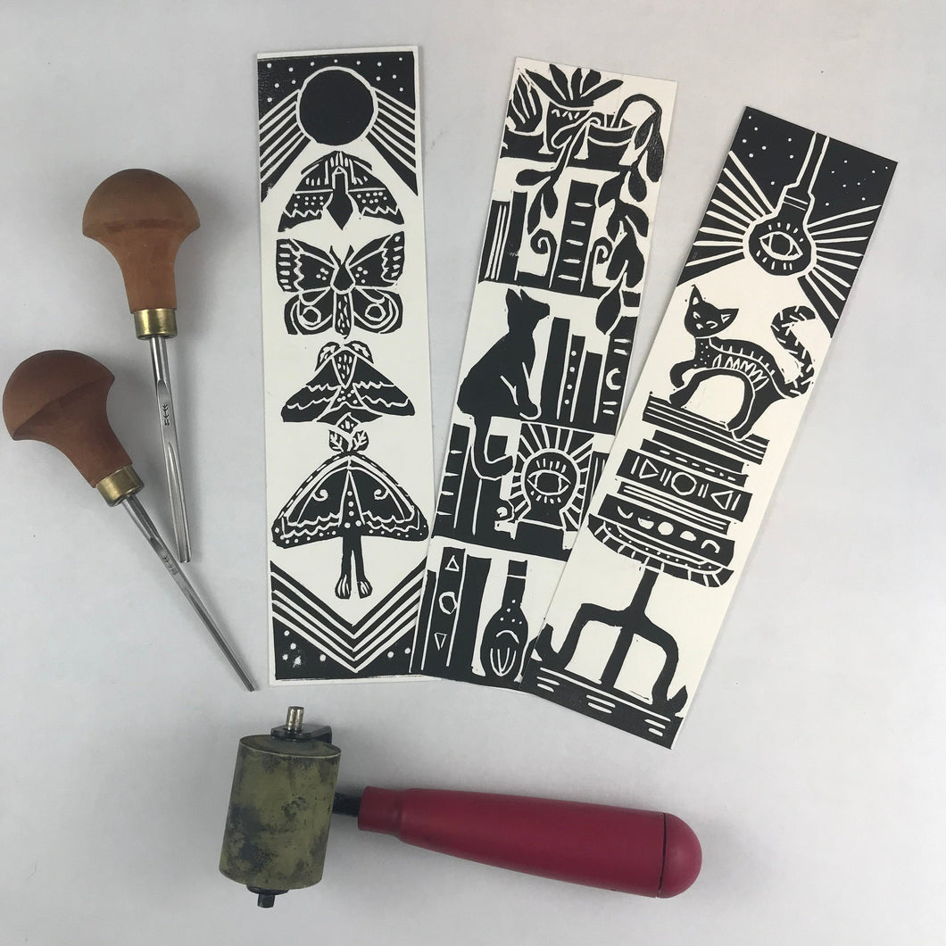 Set of 3- Hand Block Printed Witchy Bookmarks- Jumbo 2 x 8 inches