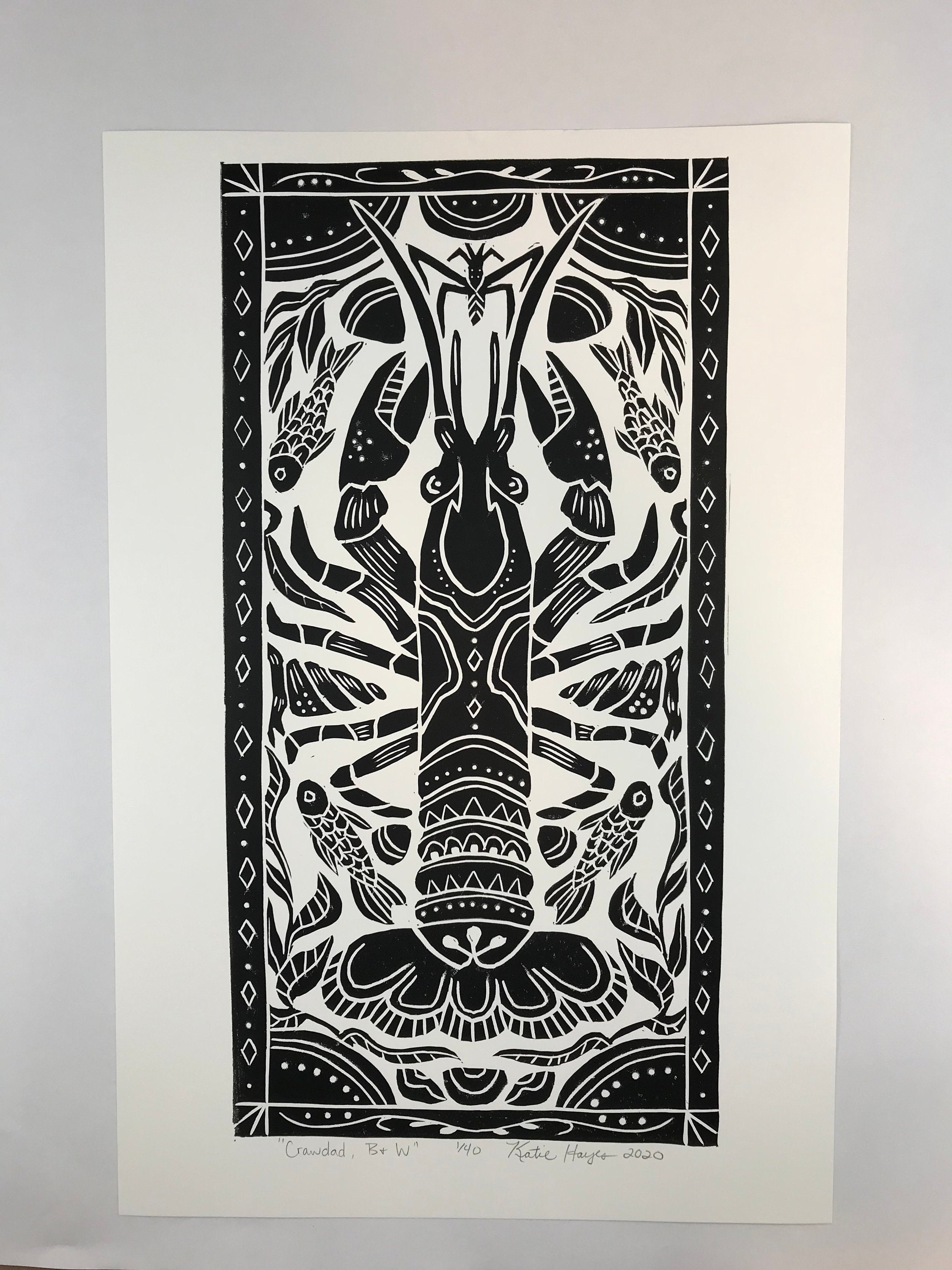 Crayfish, Hand pulled block print  Limited Edition Black and White. Naturalist Woodland Wall Art