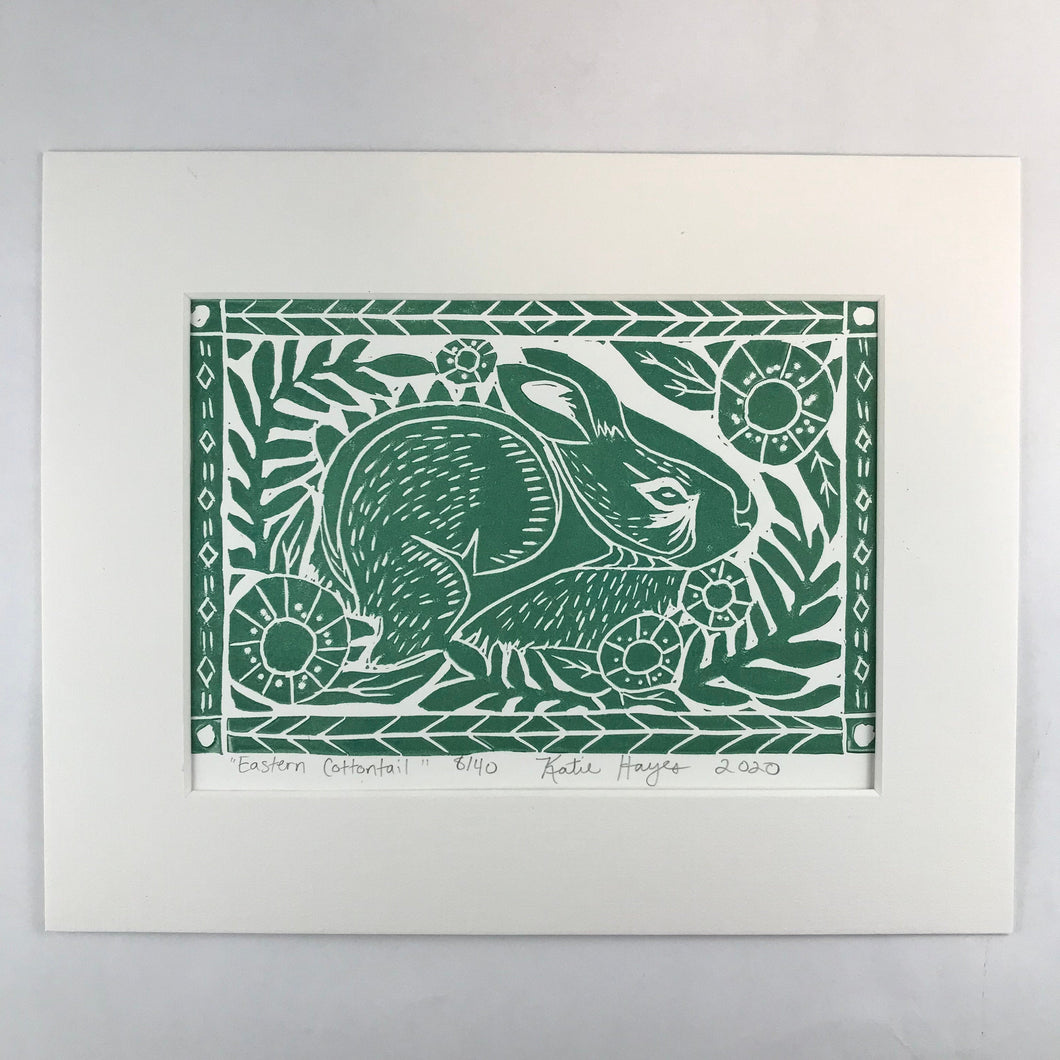Eastern Cottontail, sylvan green, Mini Block Print, Limited Edition, Woodland wall art w/ 8x10 mat
